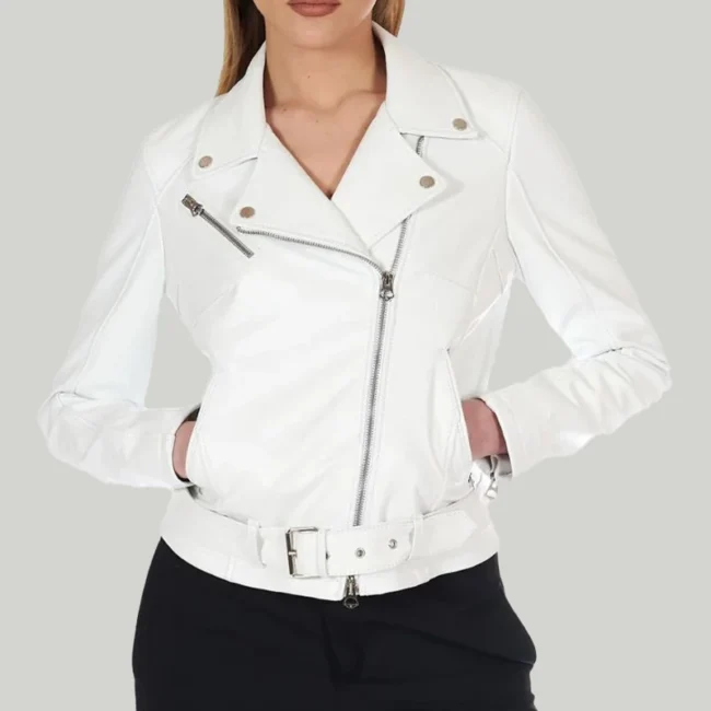 Asymmetrical White Leather Biker Jacket Womens