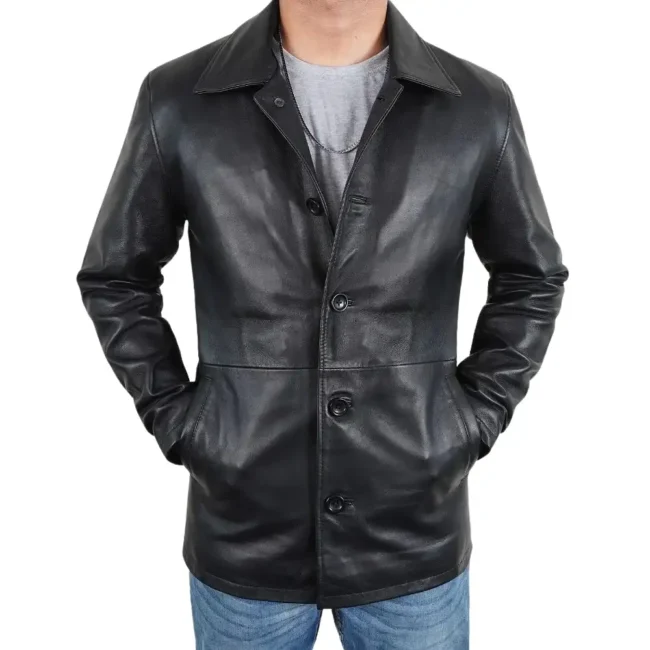 Real Lambskin Black Leather Car Coat Mens