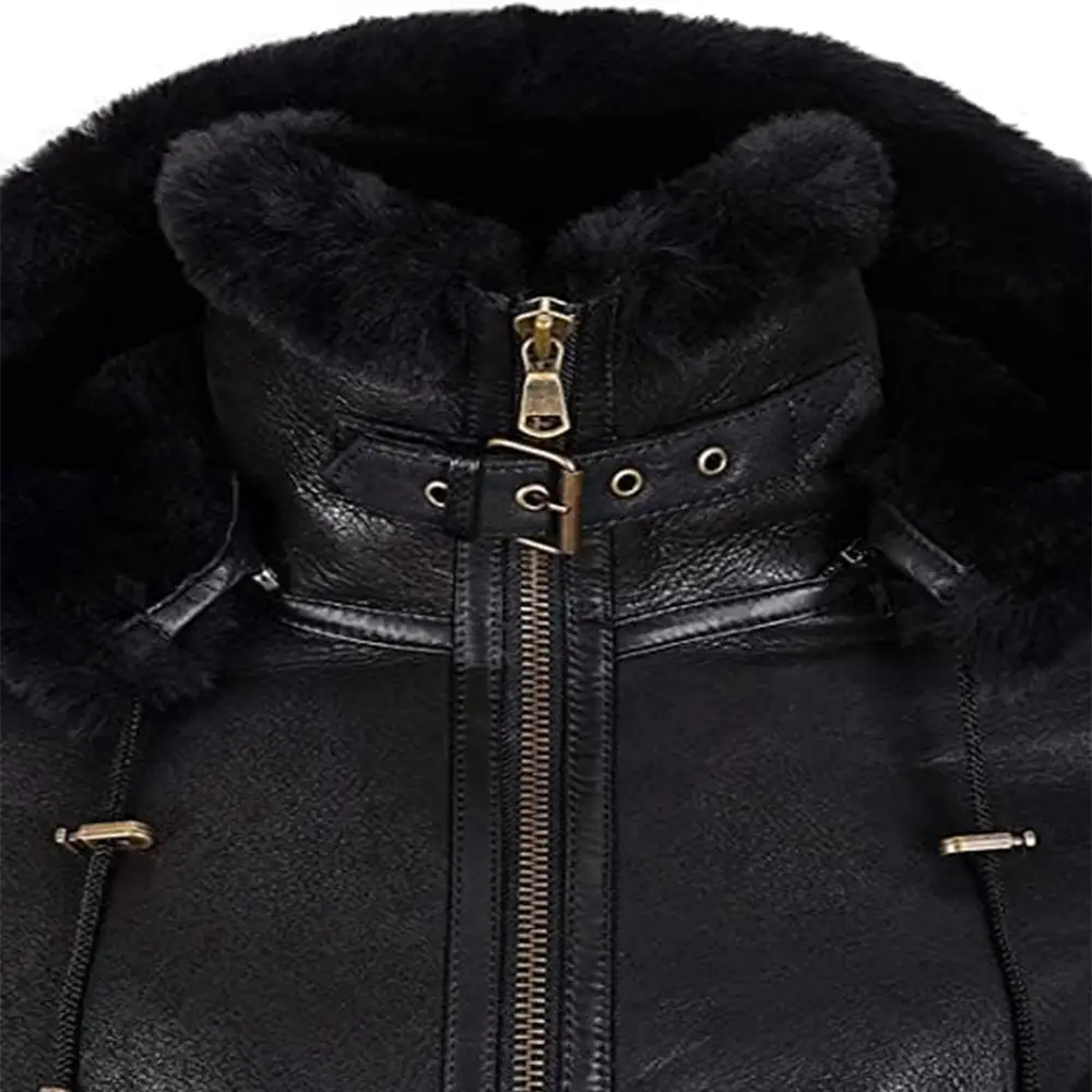 Aviator Hooded Leather Shearling Jacket For Women's