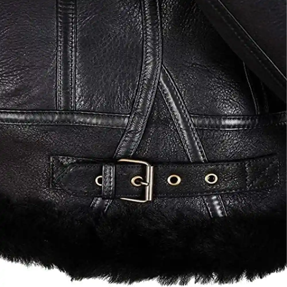 Aviator Leather Black Shearling Jacket For Women's