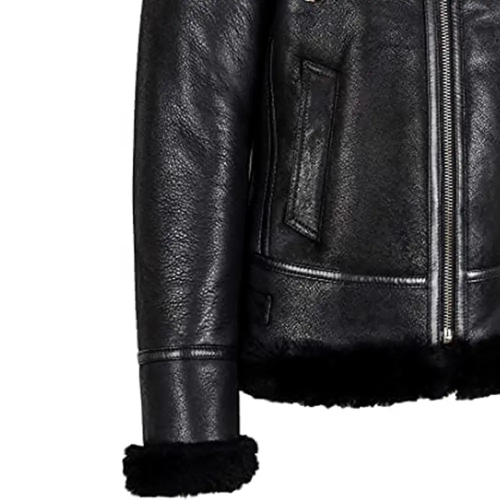 Hooded Leather Black Shearling Jacket For Women's